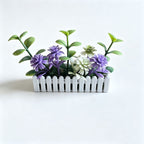 Mini White Fence Flower Set, Dollhouse Garden Decor, Plastic Bush Flowers with Pot, 2.5" Length, Perfect for Miniature Models and Dollhouses
