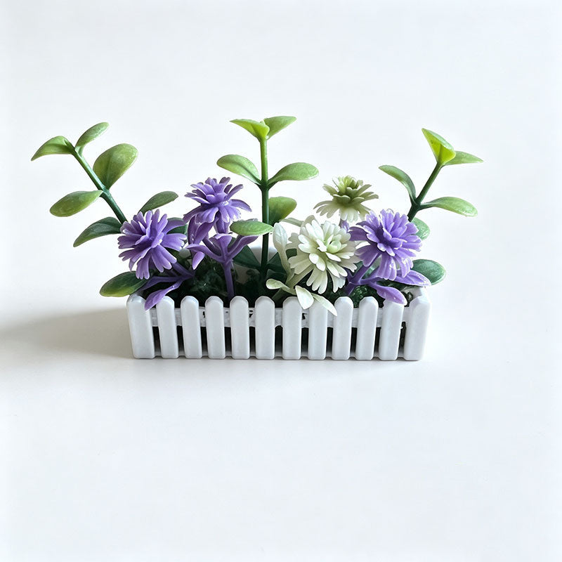 Mini White Fence Flower Set, Dollhouse Garden Decor, Plastic Bush Flowers with Pot, 2.5" Length, Perfect for Miniature Models and Dollhouses
