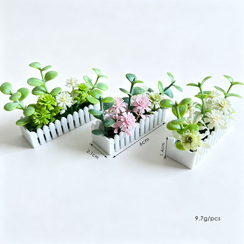 Mini White Fence Flower Set, Dollhouse Garden Decor, Plastic Bush Flowers with Pot, 2.5" Length, Perfect for Miniature Models and Dollhouses