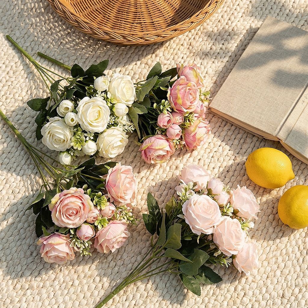 Artificial Sweetheart Rose Bush, 7 Blooms, 13" Tall, Wedding Bouquet, Bridal Shower, Centerpiece Decor