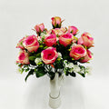 Artificial Rose Bush, 6 Pink Roses on One Stem, 13" Tall Floral Arrangement, Realistic Silk Flowers for Home Decor, Hotel & Wedding Centerpieces