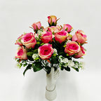 Artificial Rose Bush, 6 Pink Roses on One Stem, 13" Tall Floral Arrangement, Realistic Silk Flowers for Home Decor, Hotel & Wedding Centerpieces