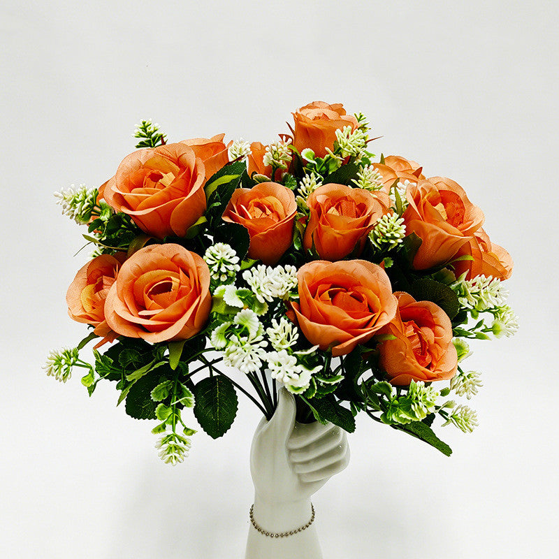 Artificial Rose Bush, 6 Pink Roses on One Stem, 13" Tall Floral Arrangement, Realistic Silk Flowers for Home Decor, Hotel & Wedding Centerpieces