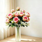 Artificial Rose Bush, 6 Pink Roses on One Stem, 13" Tall Floral Arrangement, Realistic Silk Flowers for Home Decor, Hotel & Wedding Centerpieces