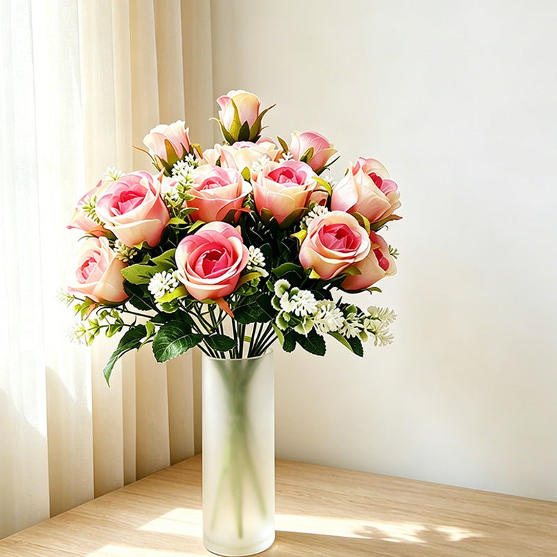 Artificial Rose Bush, 6 Pink Roses on One Stem, 13" Tall Floral Arrangement, Realistic Silk Flowers for Home Decor, Hotel & Wedding Centerpieces