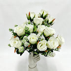 Artificial Rose Bush, 6 Pink Roses on One Stem, 13" Tall Floral Arrangement, Realistic Silk Flowers for Home Decor, Hotel & Wedding Centerpieces
