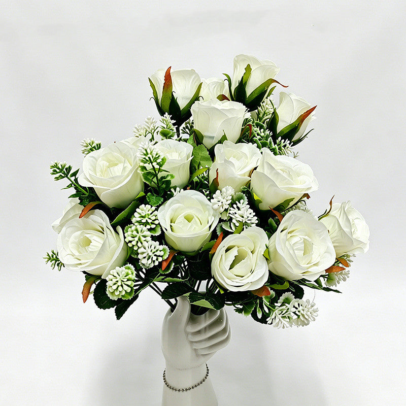 Artificial Rose Bush, 6 Pink Roses on One Stem, 13" Tall Floral Arrangement, Realistic Silk Flowers for Home Decor, Hotel & Wedding Centerpieces