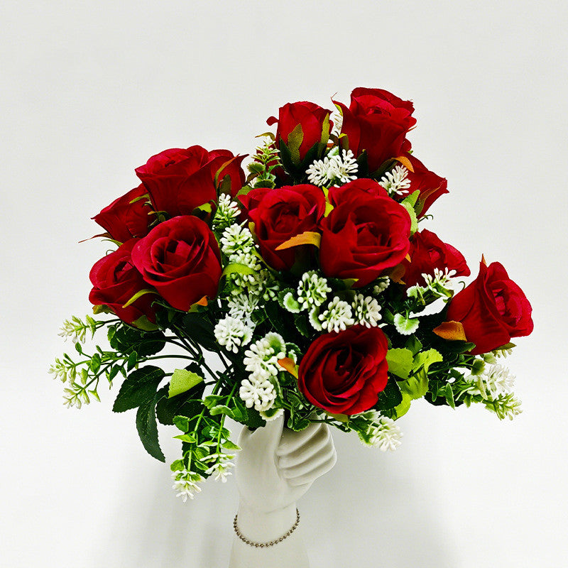 Artificial Rose Bush, 6 Pink Roses on One Stem, 13" Tall Floral Arrangement, Realistic Silk Flowers for Home Decor, Hotel & Wedding Centerpieces