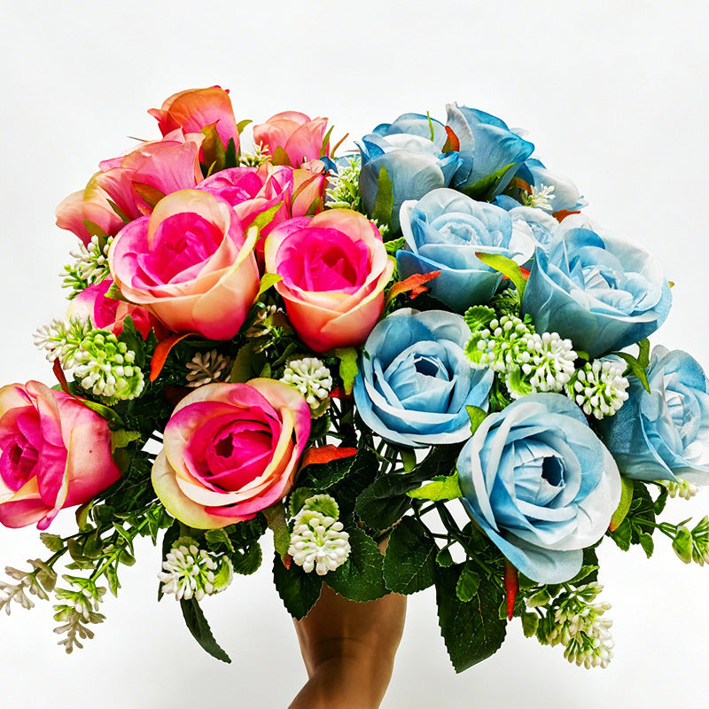 Artificial Rose Bush, 6 Pink Roses on One Stem, 13" Tall Floral Arrangement, Realistic Silk Flowers for Home Decor, Hotel & Wedding Centerpieces
