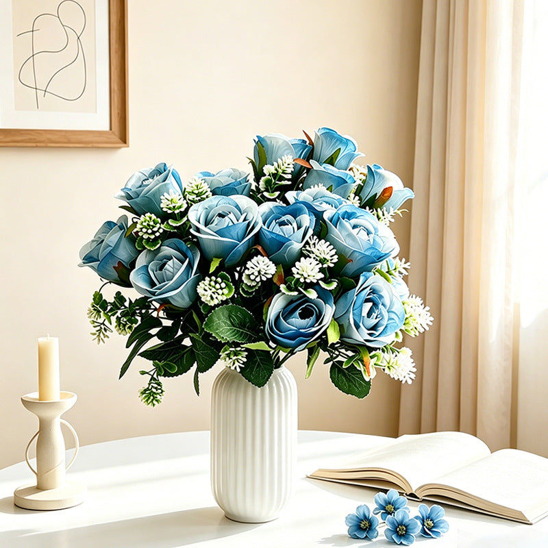 Artificial Rose Bush, 6 Pink Roses on One Stem, 13" Tall Floral Arrangement, Realistic Silk Flowers for Home Decor, Hotel & Wedding Centerpieces