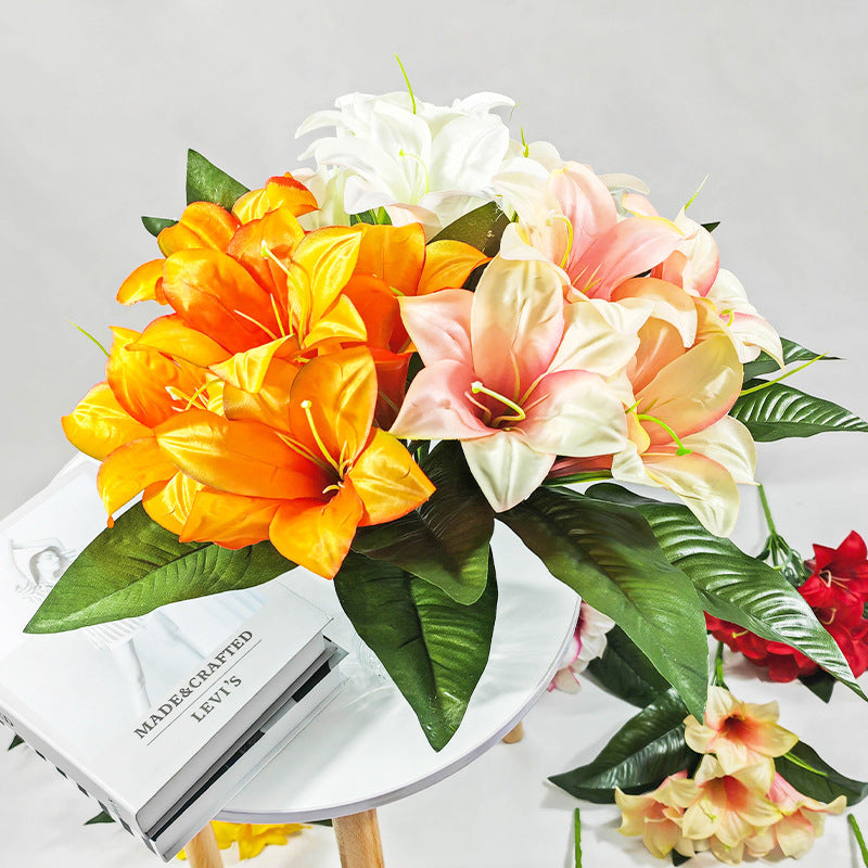 Artificial Lily Flowers, Silk Bush with 5 Blooms, 13" Tall, Decorative Floral Arrangement for Home, Indoor Use
