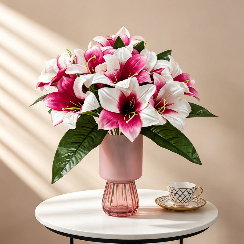 Artificial Lily Flowers, Silk Bush with 5 Blooms, 13" Tall, Decorative Floral Arrangement for Home, Indoor Use