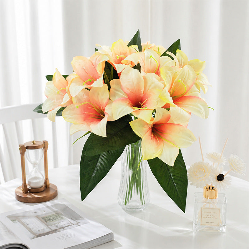 Artificial Lily Flowers, Silk Bush with 5 Blooms, 13" Tall, Decorative Floral Arrangement for Home, Indoor Use