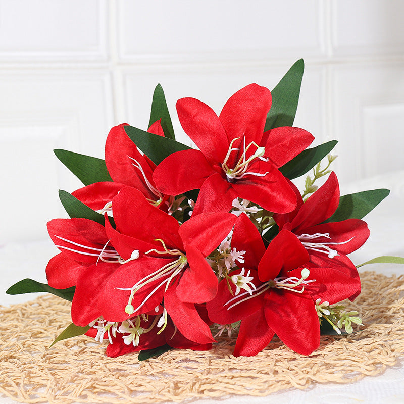 Luxury Silk Lily Artificial Flower Bush, 7 Blooms, 14" Tall, Perfect for Weddings & Home Decor