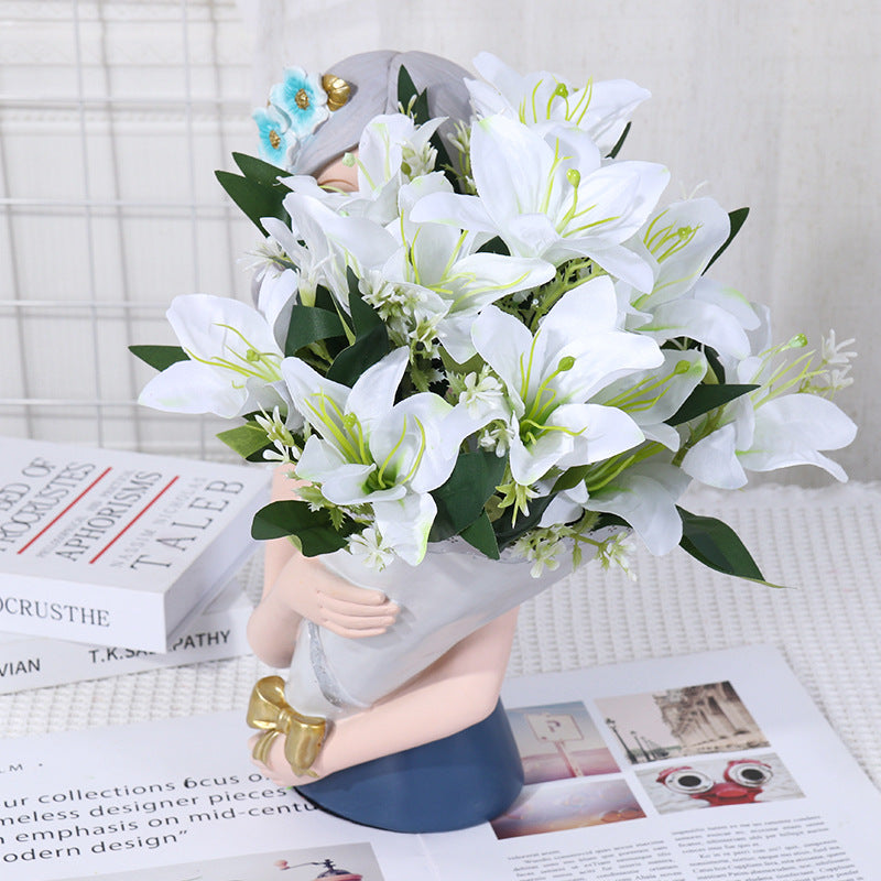 Luxury Silk Lily Artificial Flower Bush, 7 Blooms, 14" Tall, Perfect for Weddings & Home Decor
