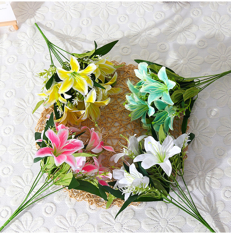 Luxury Silk Lily Artificial Flower Bush, 7 Blooms, 14" Tall, Perfect for Weddings & Home Decor