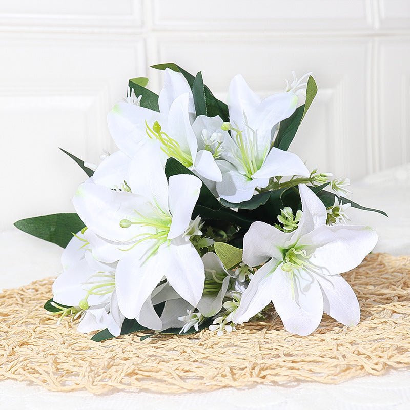 Luxury Silk Lily Artificial Flower Bush, 7 Blooms, 14" Tall, Perfect for Weddings & Home Decor