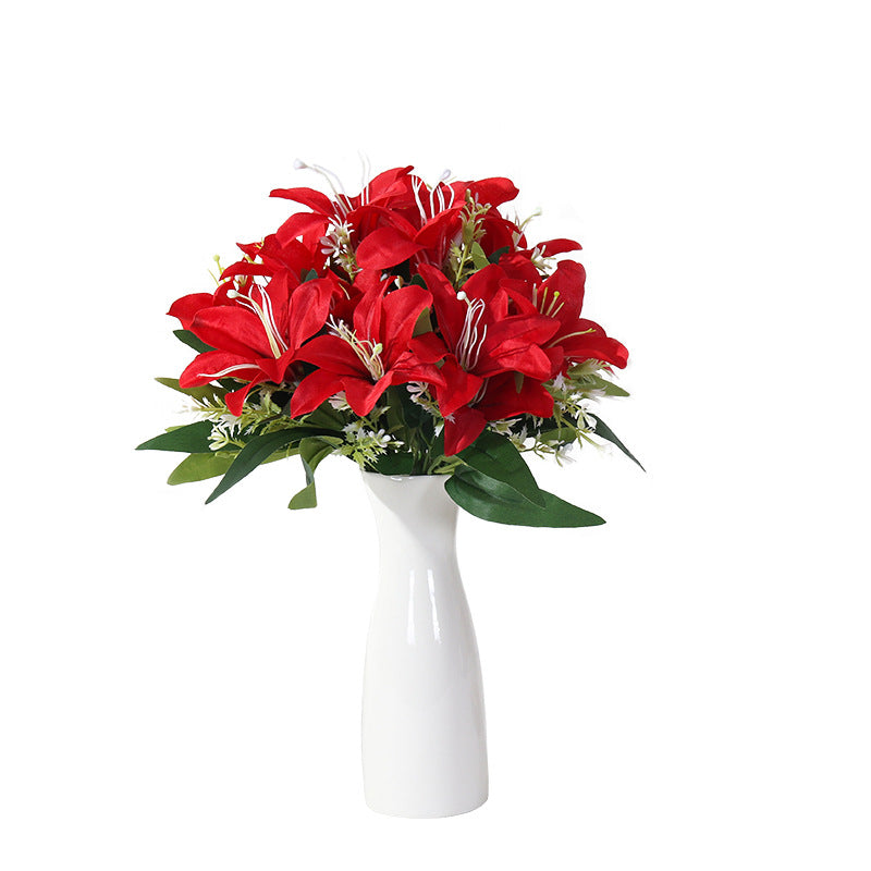Luxury Silk Lily Artificial Flower Bush, 7 Blooms, 14" Tall, Perfect for Weddings & Home Decor