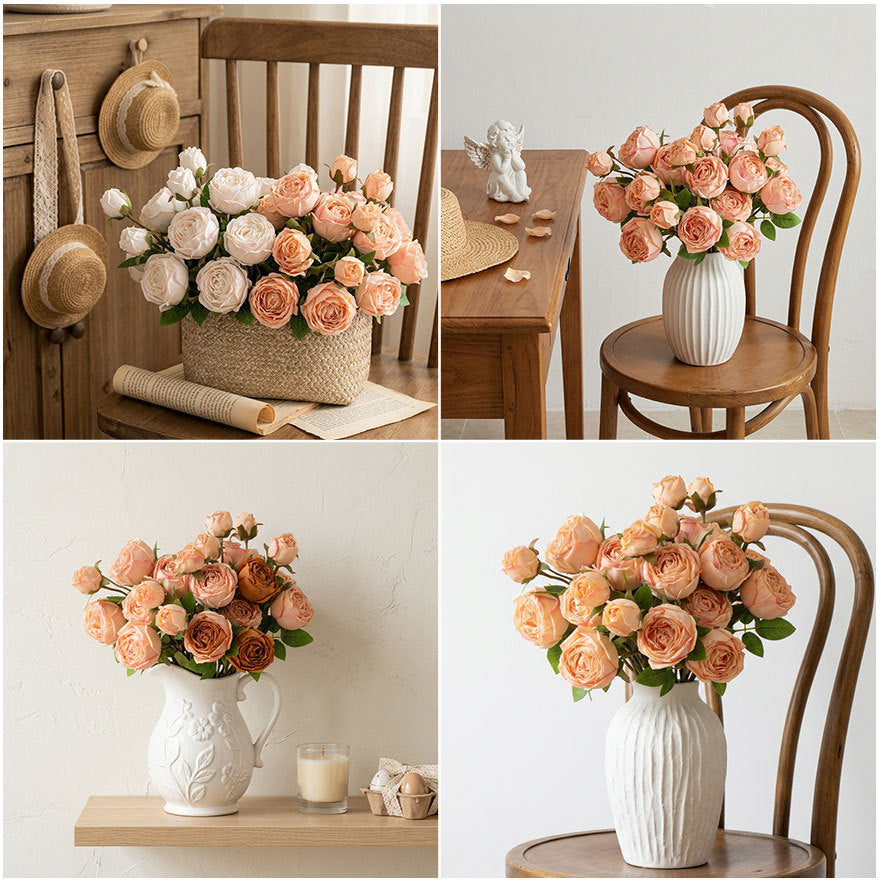 Artificial Empress Rose Bouquet, Silk Bush with 3 Blooms, 21" Tall, Elegant Home Decor for Living Room or Dining Table