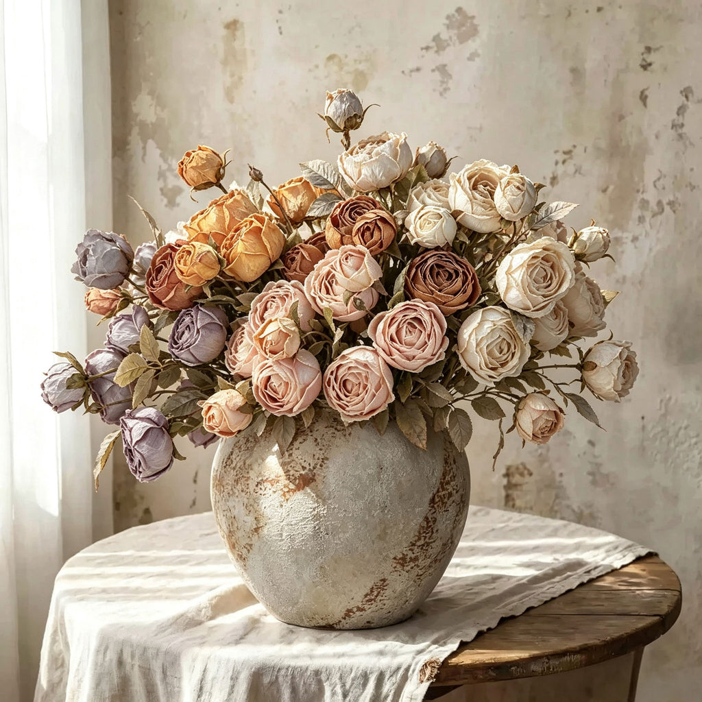 Artificial Empress Rose Bouquet, Silk Bush with 3 Blooms, 21" Tall, Elegant Home Decor for Living Room or Dining Table