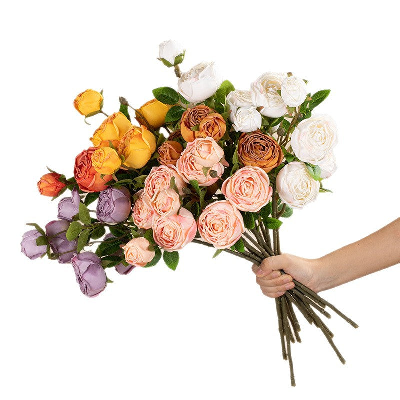 Artificial Empress Rose Bouquet, Silk Bush with 3 Blooms, 21" Tall, Elegant Home Decor for Living Room or Dining Table