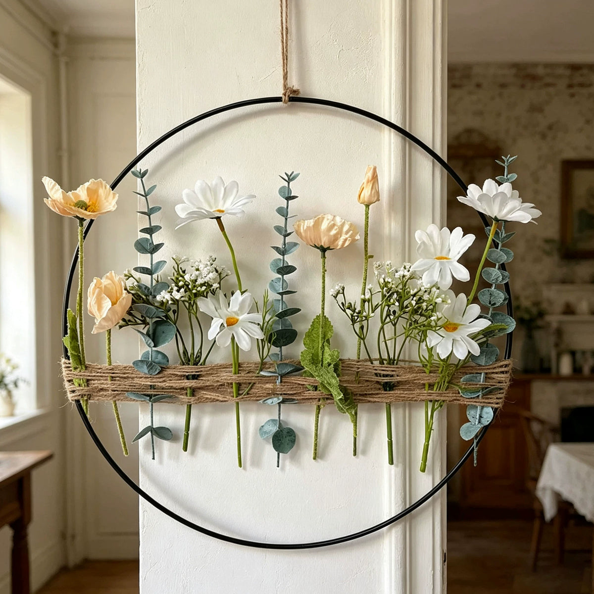 Artificial Eucalyptus & Poppy Flower Wreath, 16" Indoor Hanging Decor for Home, Hotel, or Party Scenes