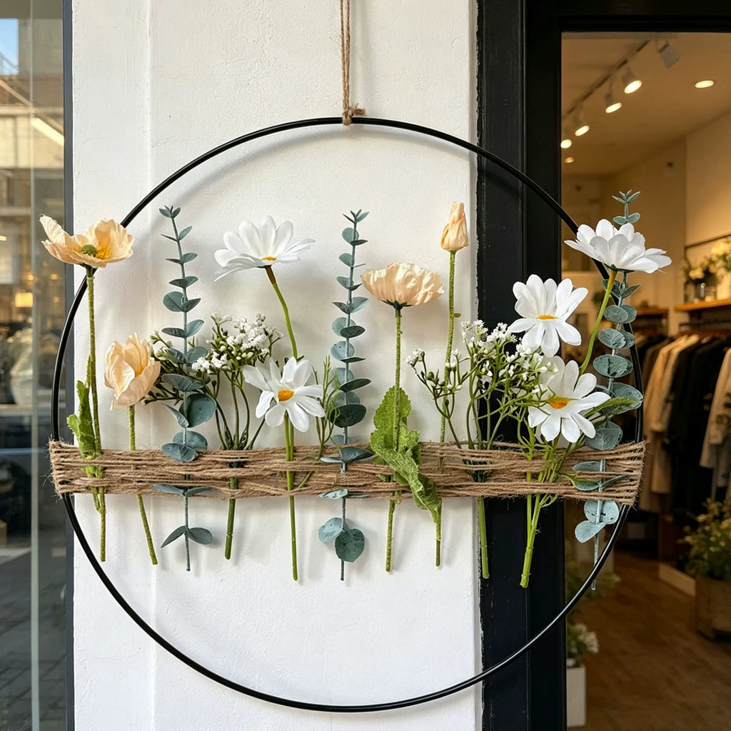 Artificial Eucalyptus & Poppy Flower Wreath, 16" Indoor Hanging Decor for Home, Hotel, or Party Scenes