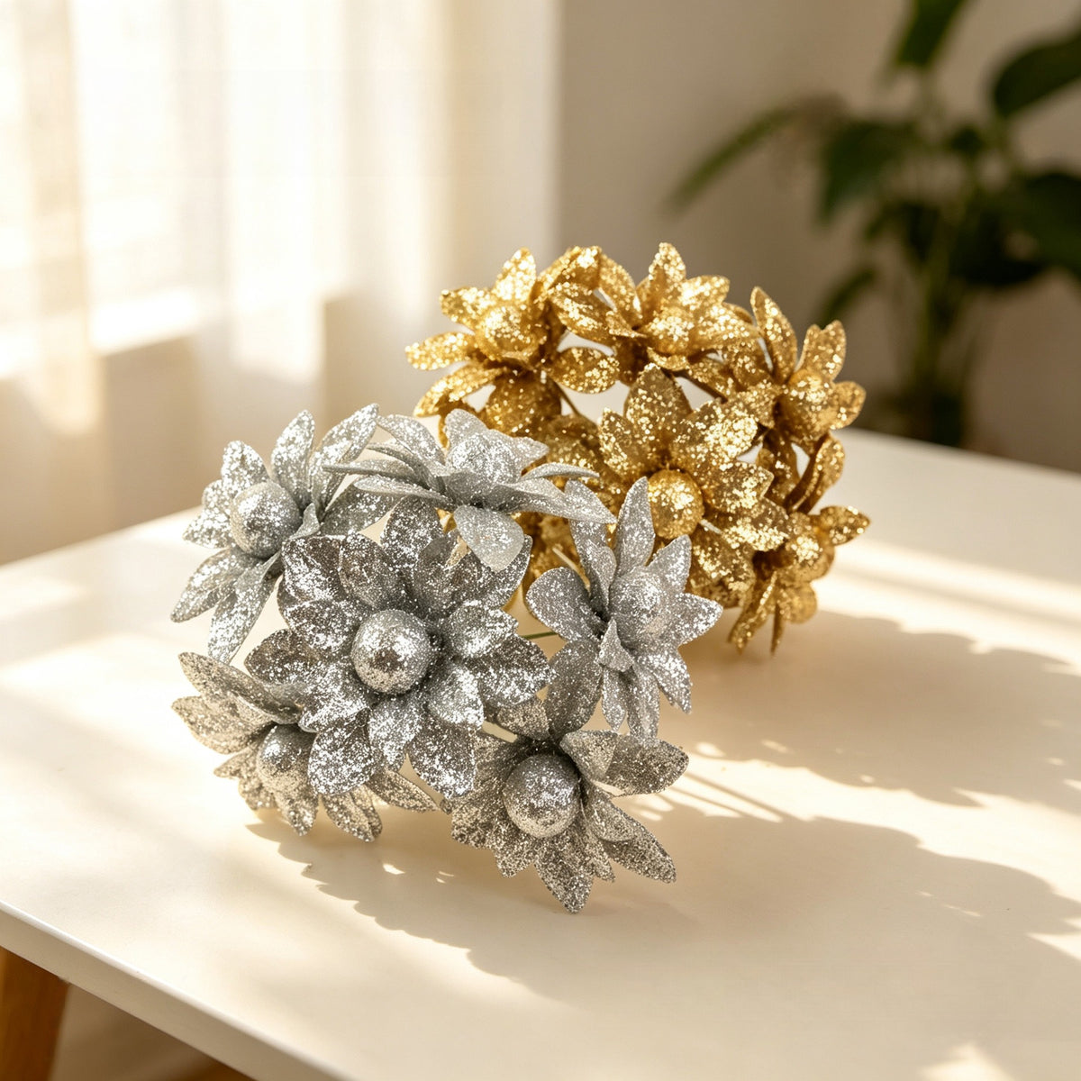 Artificial Wildflower Heads, Gold & Silver Foam Blooms, Pack of 60, 2" Diameter, Wedding, Home Decor, DIY Floral Arrangements