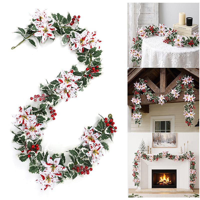 Festive Artificial Garland, Red & White Poinsettia Berries, 69" Holiday Decorative Vine for Home & Seasonal Decor