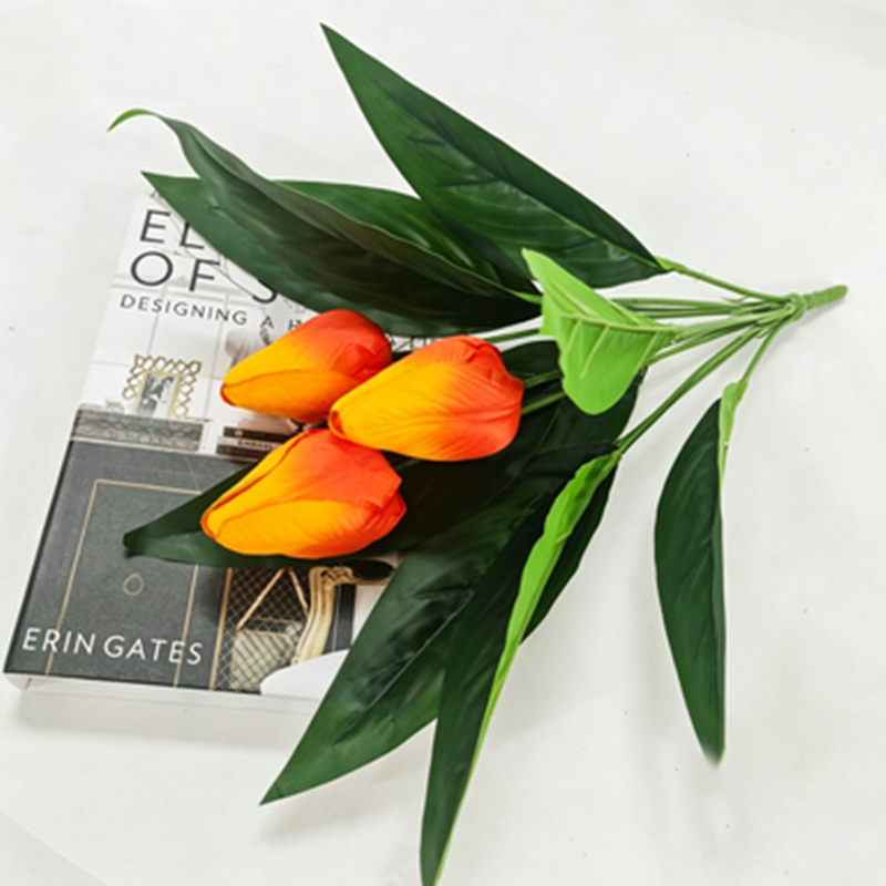 Artificial Tulip Bush, 16" Tall, Set of 3 Blooms, Realistic Home Decor, Tabletop Arrangement, No Vase Included