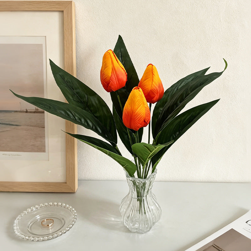 Artificial Tulip Bush, 16" Tall, Set of 3 Blooms, Realistic Home Decor, Tabletop Arrangement, No Vase Included