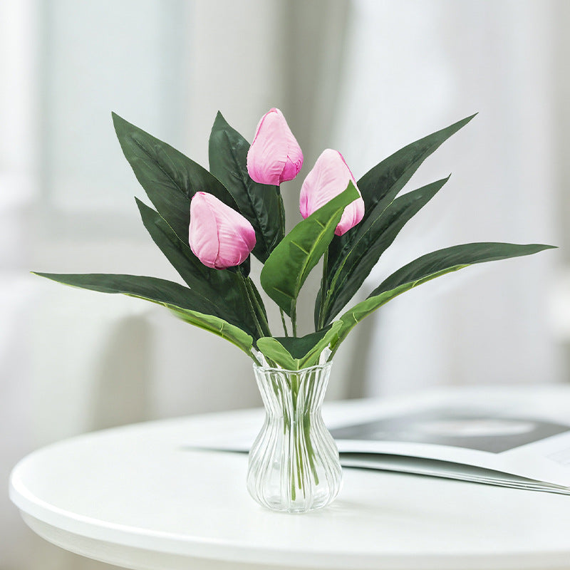 Artificial Tulip Bush, 16" Tall, Set of 3 Blooms, Realistic Home Decor, Tabletop Arrangement, No Vase Included