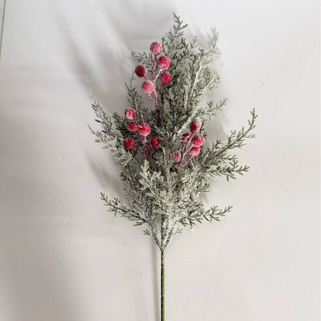 Artificial Pine Branch with Red Berries, 20" Tall, Single Stem, Festive Holiday Decor, Table Centerpiece, Christmas Home Accent