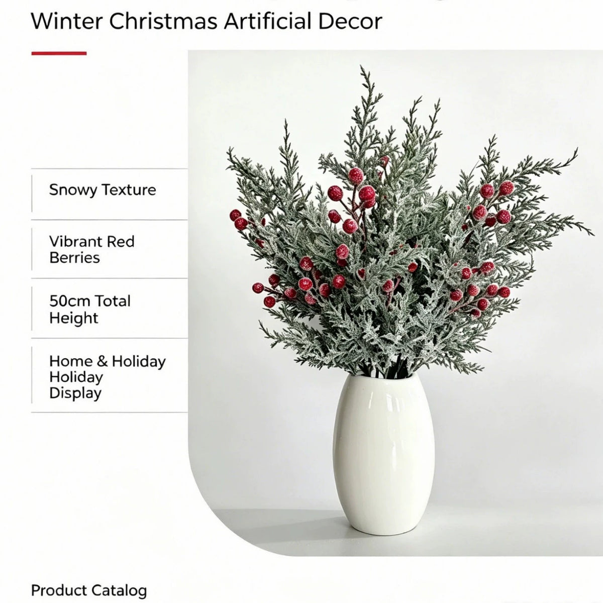 Artificial Pine Branch with Red Berries, 20" Tall, Single Stem, Festive Holiday Decor, Table Centerpiece, Christmas Home Accent