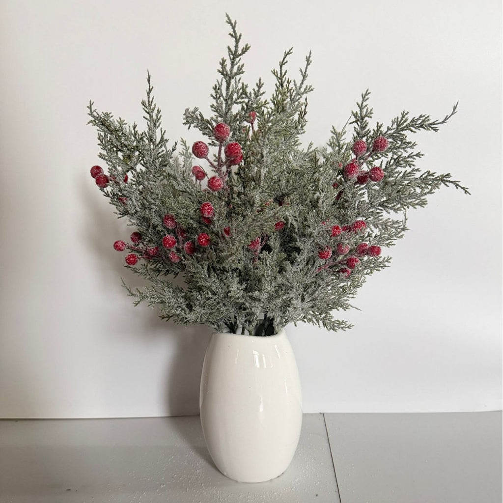 Artificial Pine Branch with Red Berries, 20" Tall, Single Stem, Festive Holiday Decor, Table Centerpiece, Christmas Home Accent