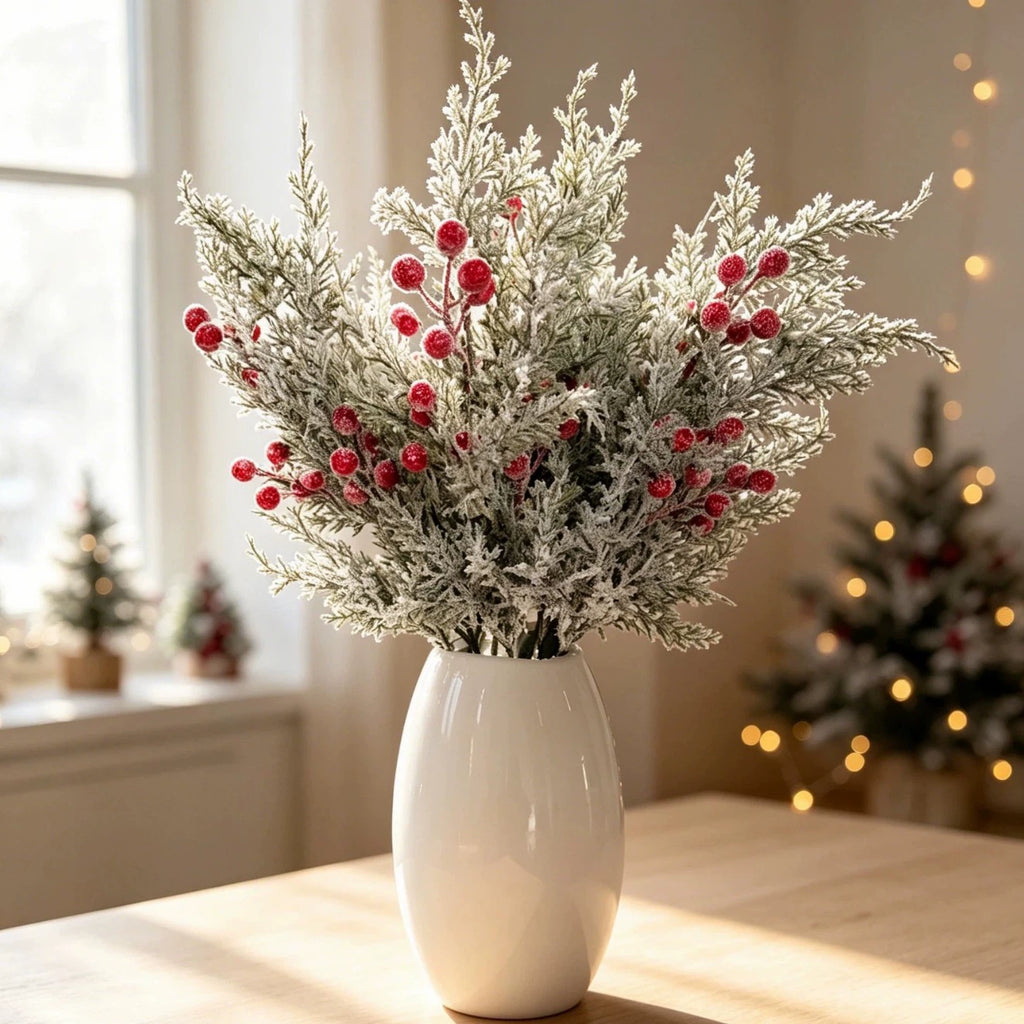 Artificial Pine Branch with Red Berries, 20" Tall, Single Stem, Festive Holiday Decor, Table Centerpiece, Christmas Home Accent