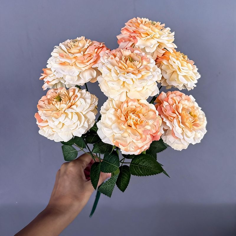 Artificial Chrysanthemum Bush, 9 Blooms Silk Floral Arrangement, 16" Tall Home & Window Display Decor