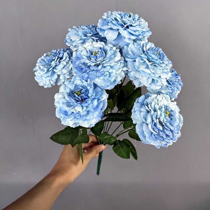 Artificial Chrysanthemum Bush, 9 Blooms Silk Floral Arrangement, 16" Tall Home & Window Display Decor