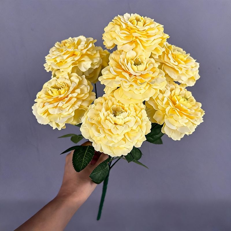 Artificial Chrysanthemum Bush, 9 Blooms Silk Floral Arrangement, 16" Tall Home & Window Display Decor