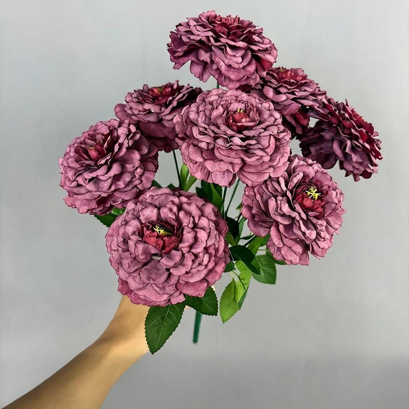 Artificial Chrysanthemum Bush, 9 Blooms Silk Floral Arrangement, 16" Tall Home & Window Display Decor