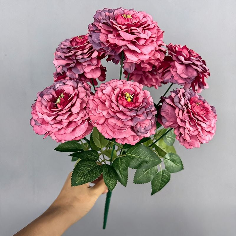Artificial Chrysanthemum Bush, 9 Blooms Silk Floral Arrangement, 16" Tall Home & Window Display Decor
