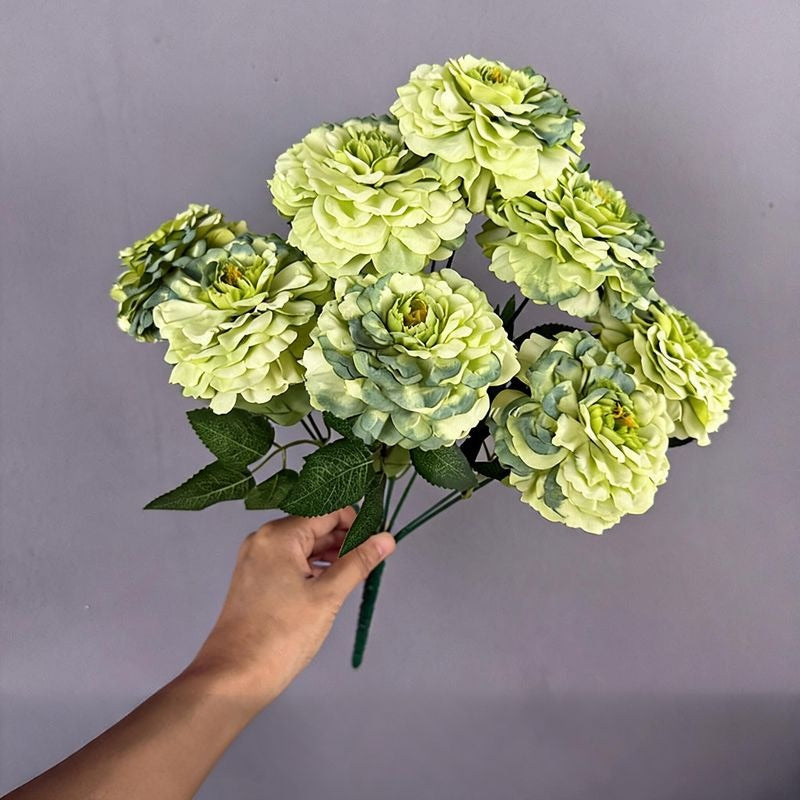 Artificial Chrysanthemum Bush, 9 Blooms Silk Floral Arrangement, 16" Tall Home & Window Display Decor
