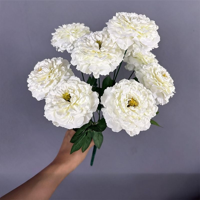 Artificial Chrysanthemum Bush, 9 Blooms Silk Floral Arrangement, 16" Tall Home & Window Display Decor