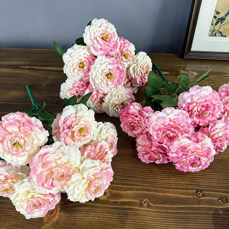 Artificial Chrysanthemum Bush, 9 Blooms Silk Floral Arrangement, 16" Tall Home & Window Display Decor