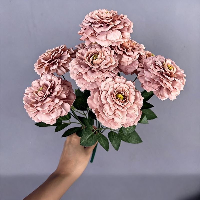 Artificial Chrysanthemum Bush, 9 Blooms Silk Floral Arrangement, 16" Tall Home & Window Display Decor