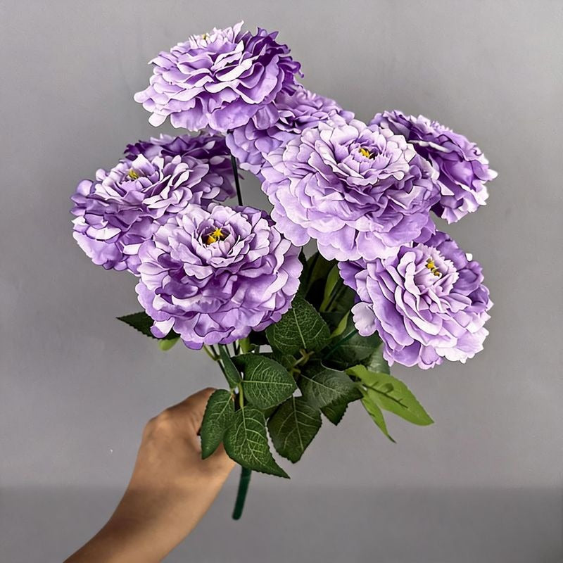 Artificial Chrysanthemum Bush, 9 Blooms Silk Floral Arrangement, 16" Tall Home & Window Display Decor
