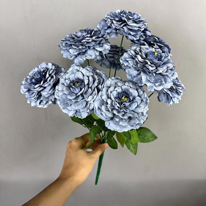 Artificial Chrysanthemum Bush, 9 Blooms Silk Floral Arrangement, 16" Tall Home & Window Display Decor