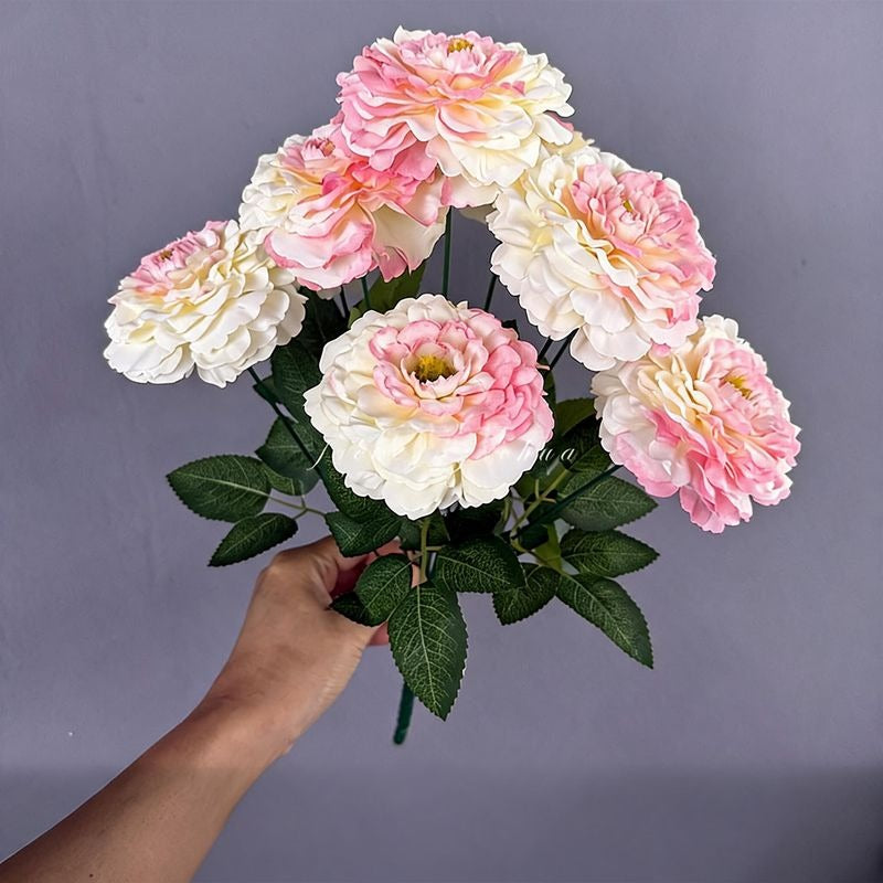 Artificial Chrysanthemum Bush, 9 Blooms Silk Floral Arrangement, 16" Tall Home & Window Display Decor