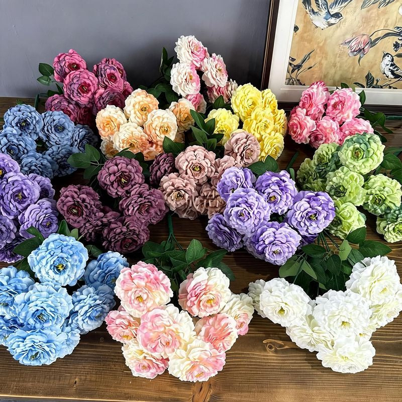 Artificial Chrysanthemum Bush, 9 Blooms Silk Floral Arrangement, 16" Tall Home & Window Display Decor