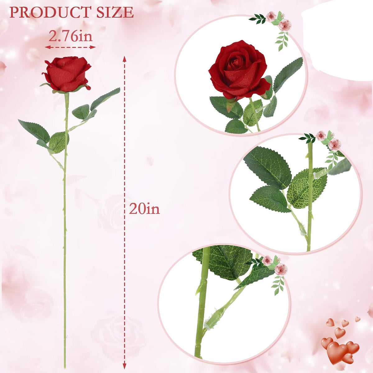 Artificial Silk Rose Single Stem, 20" Tall with 2.76" Bloom, Set of 10 - Wedding Decor, Home Styling, Valentine's Day